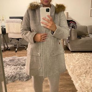 J Crew coat!! light gray mid length coat with removable fur lining on hood!